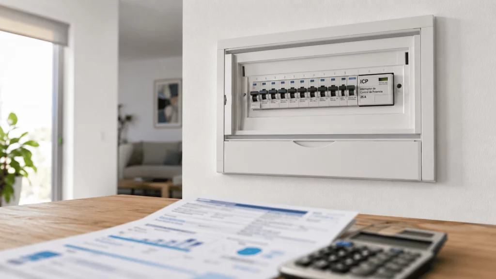 Cuadro eléctrico con ICP junto a factura de luz para calcular la potencia contratada en España