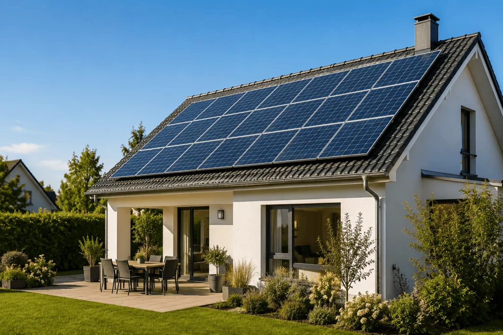Placas solares instaladas en el tejado de una vivienda unifamiliar en España