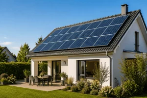 Placas solares instaladas en el tejado de una vivienda unifamiliar en España