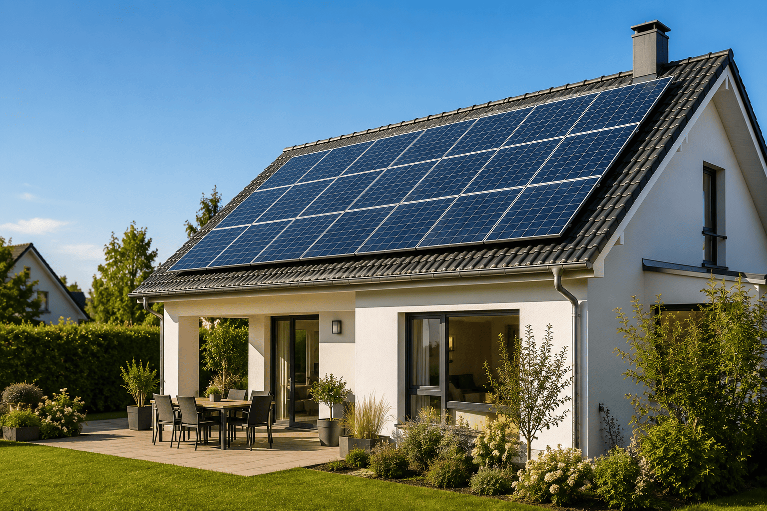 Placas solares instaladas en el tejado de una vivienda unifamiliar en España