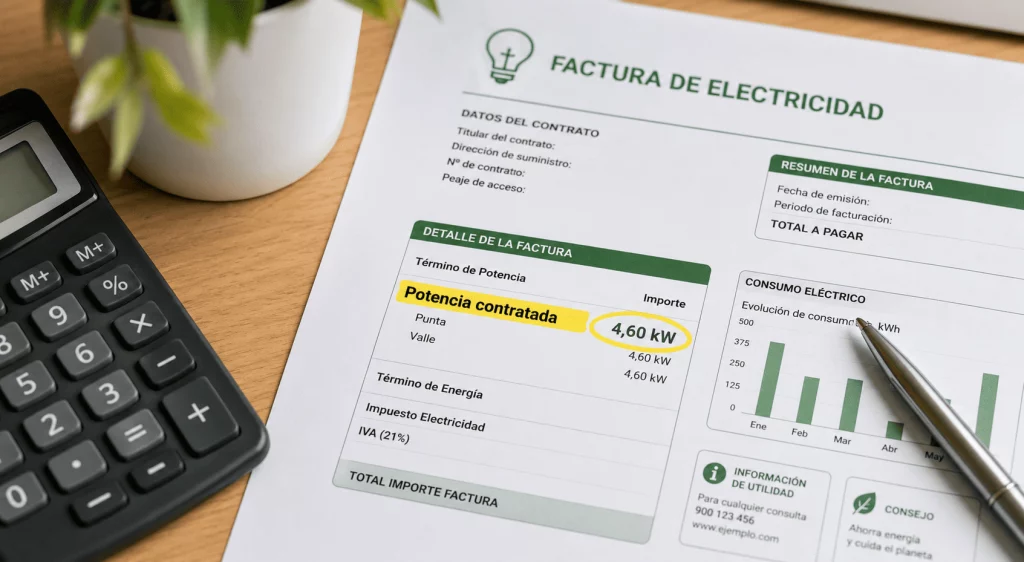 Factura de la luz con la potencia contratada destacada