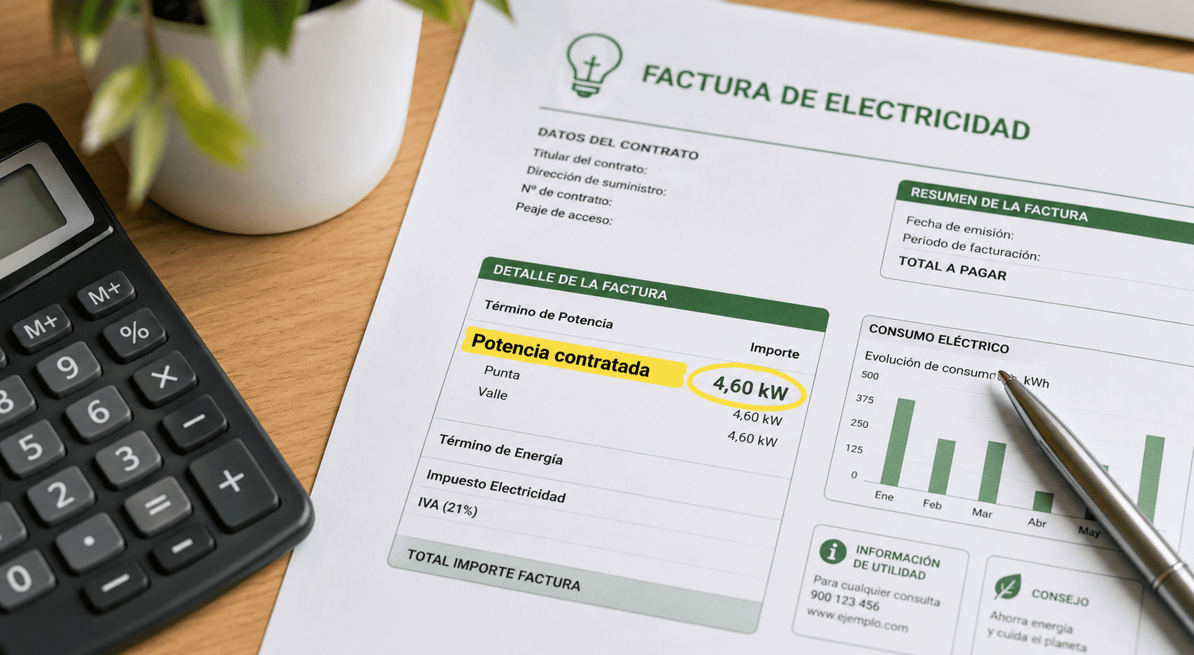 Factura de la luz con la potencia contratada destacada